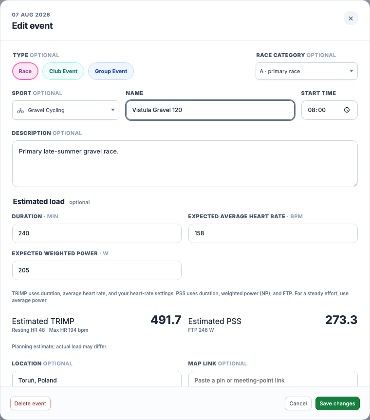 EffortSignal race editor with estimated TRIMP and PSS