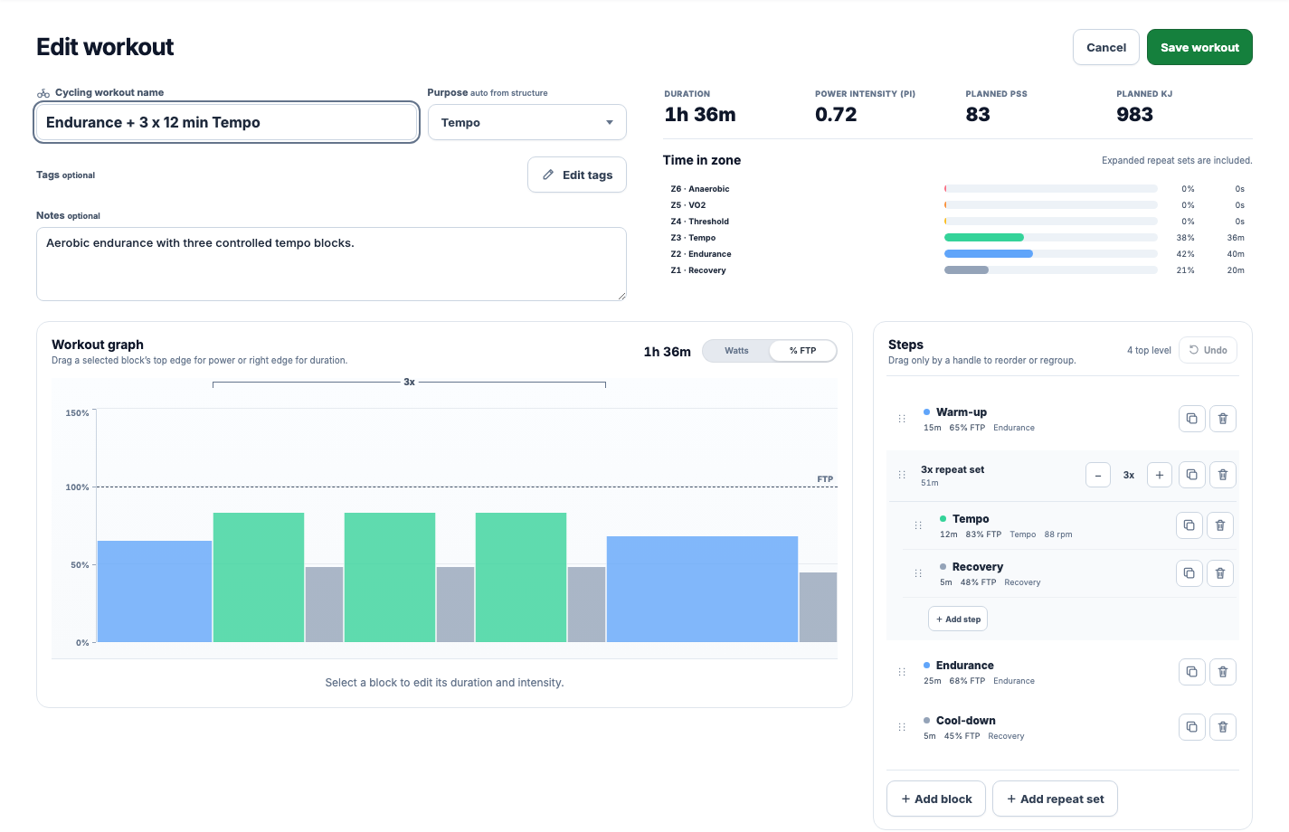 EffortSignal workout planner editing a warm-up, repeated tempo blocks, endurance, and cool-down
